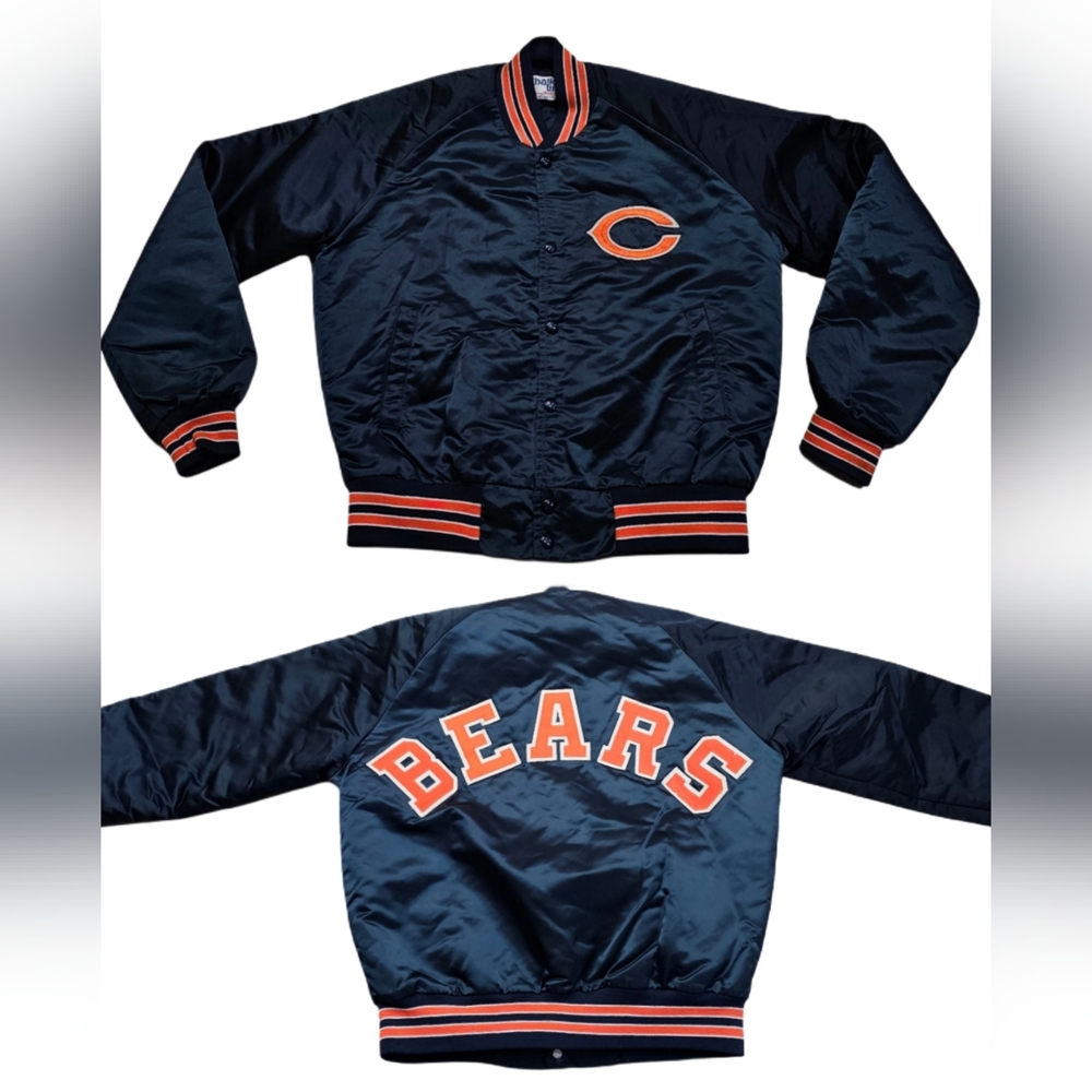 Vtg Chicago Bears Football Chalk Line Satin Varsity Jacket Med Quilted Spellout